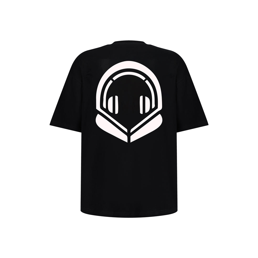 Black t-shirt with a white OWVRSZ logo on the back against a white background