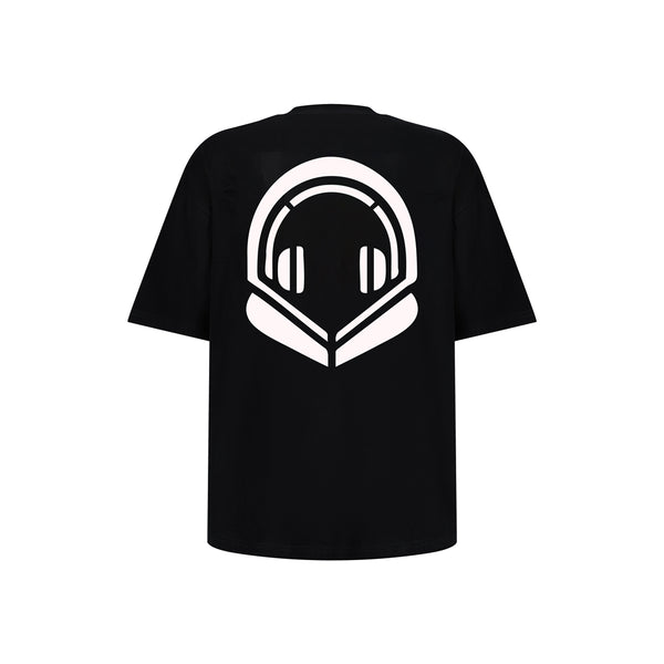 Black t-shirt with a white OWVRSZ logo on the back against a white background