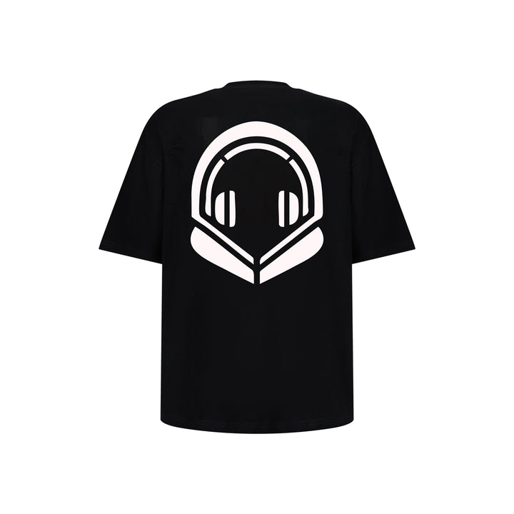 Black t-shirt with a white OWVRSZ logo on the back against a white background