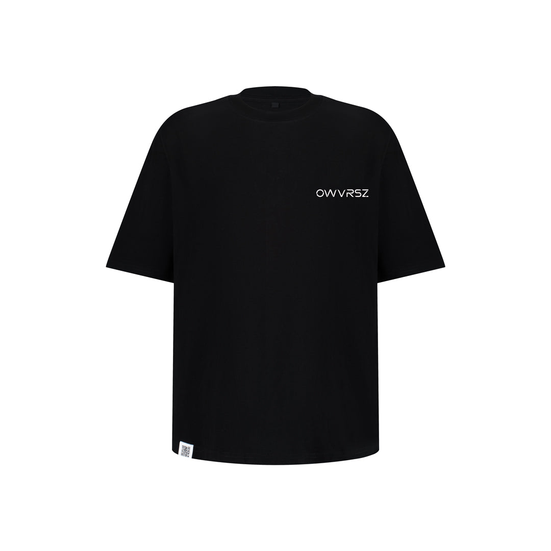 Black t-shirt with 'OWVR5Z' logo on a white background