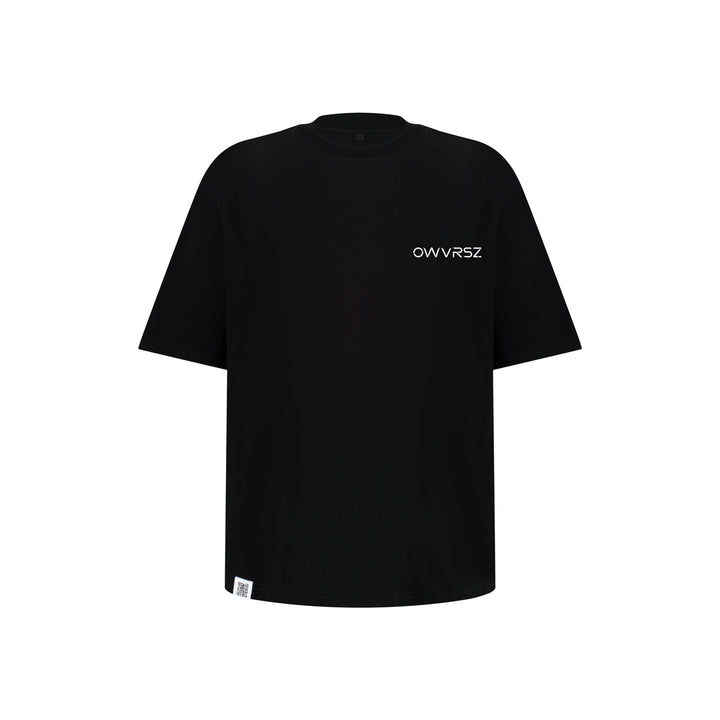 Black t-shirt with 'OWVR5Z' logo on a white background