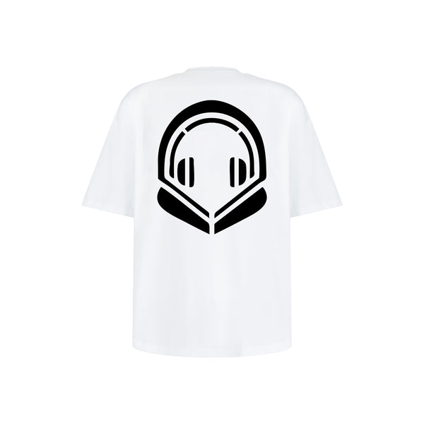 White t-shirt with a black graphic design on a white background