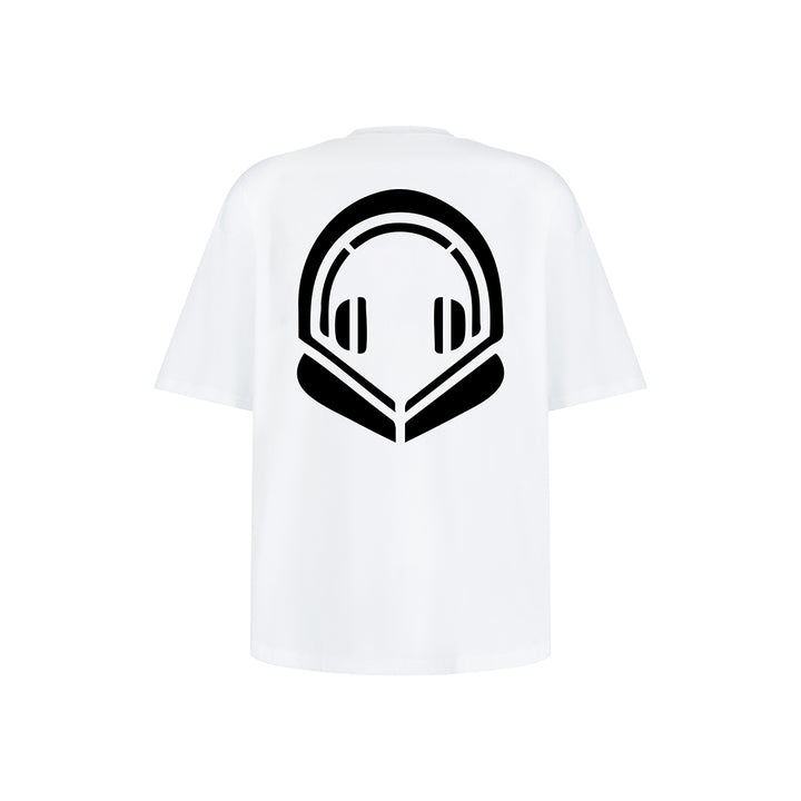 White t-shirt with a black graphic design on a white background
