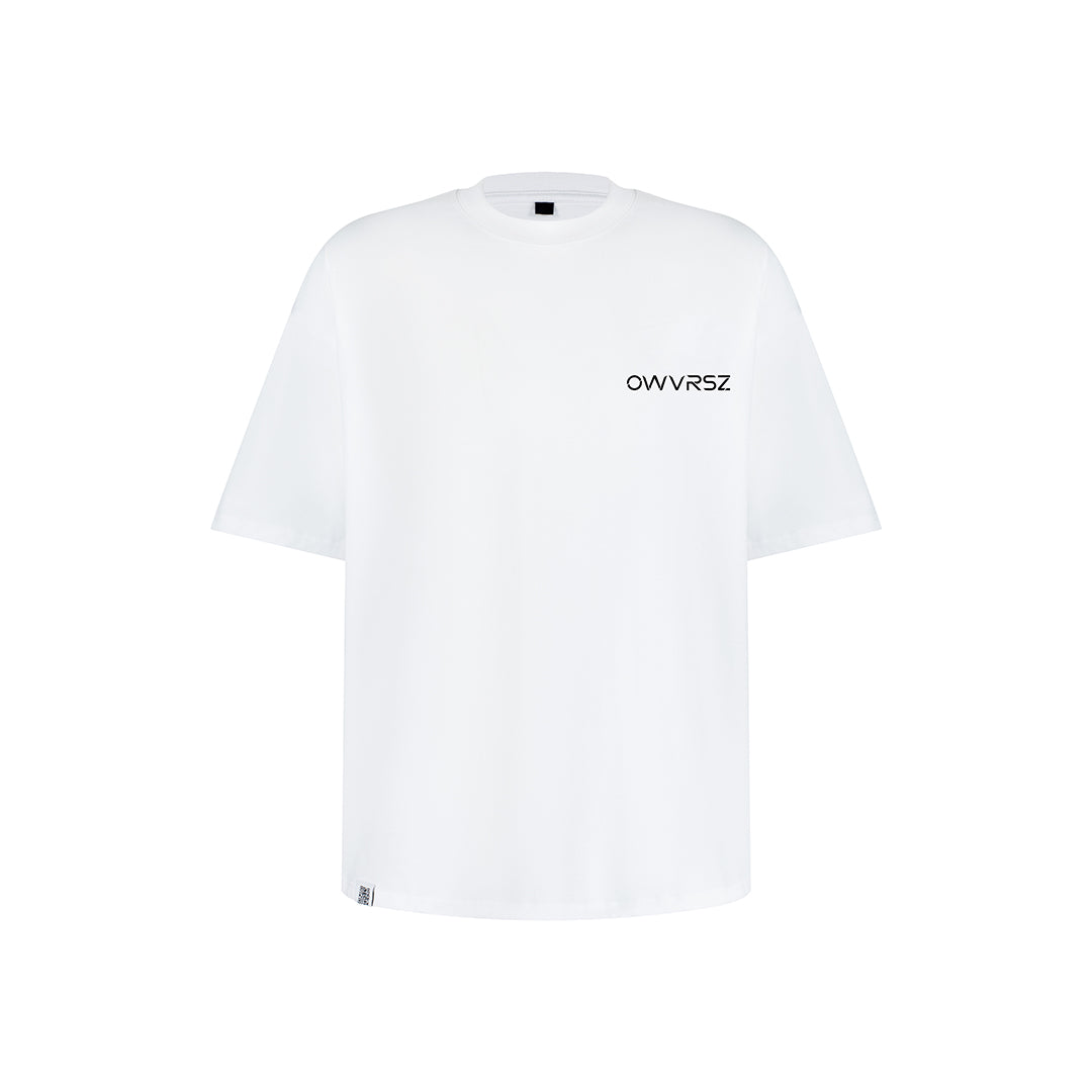 White t-shirt with 'OWVR5Z' logo on a white background