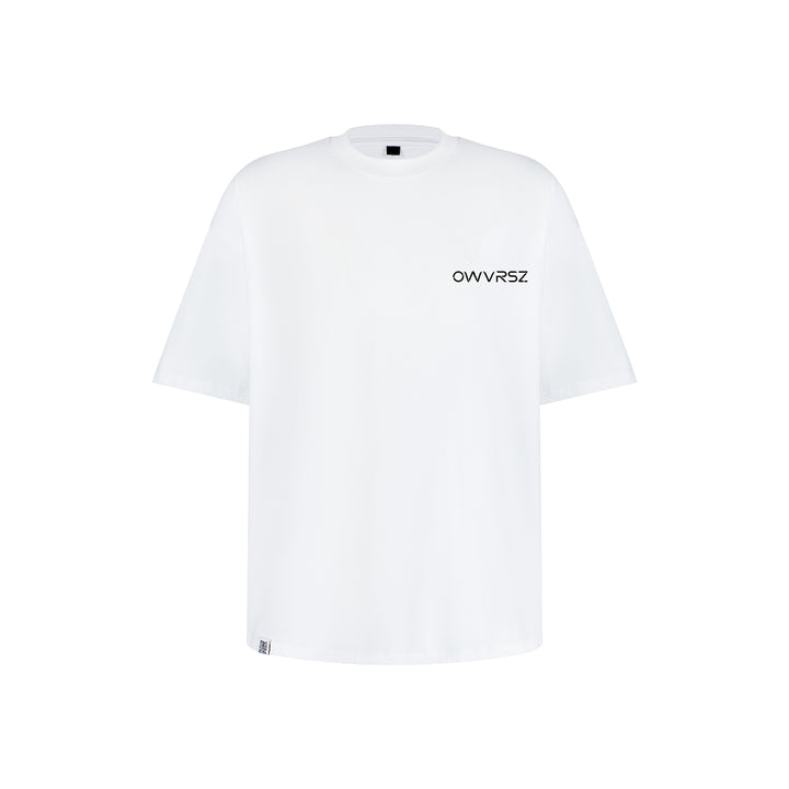 White t-shirt with 'OWVR5Z' logo on a white background